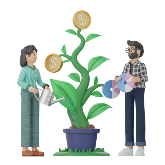 Two business characters watering a large plant symbolizing growth of company